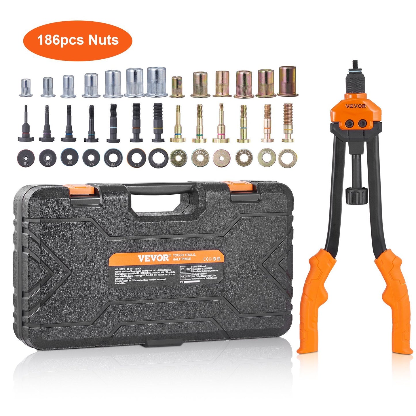 16" Rivet Nut Tool, Labor-Saving Rivnut Tool Kit with 13PCS Metric & SAE Mandrels, 186PCS Rivet Nuts,M3, M4, M5, M6, M8, M10, M12, 1/4-20, 5/16-18, 3/8-16,1/2-13, 8-32, 10-24 With Carrying Case
