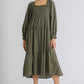 Ruffle Cuffed Long Sleeve Square Neckline Smocked Peasant Midi Dress
