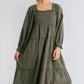 Ruffle Cuffed Long Sleeve Square Neckline Smocked Peasant Midi Dress