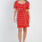 Red Stripe Lace Up Front Detail Ruffle Trim Balloon Sleeve Dress
