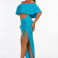 Solid Ity Off The Shoulder Ruffled Cropped Top And Ruched Maxi Skirt Two Piece Set