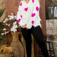 Neon Fuchsia Heart Print Distressed V Neck Long Sleeve Sweater
