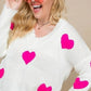 Neon Fuchsia Heart Print Distressed V Neck Long Sleeve Sweater