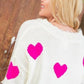 Neon Fuchsia Heart Print Distressed V Neck Long Sleeve Sweater