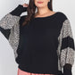 Plus Black Flannel Leopard Print Colorblock Dolman Sleeve Top