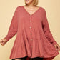 Plus Size Solid Long Sleeves Button Up Swing Tunic Top With Ruched Detail